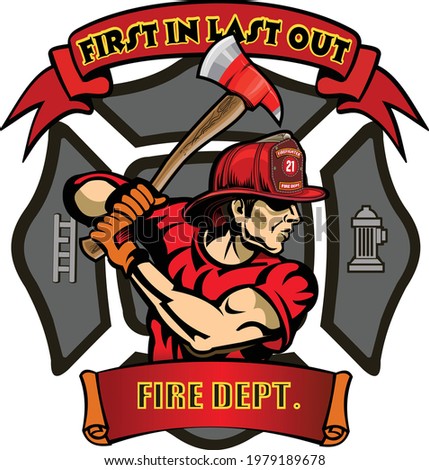 Fire Department Cross includes fireman in helmet with firefighter's axes
