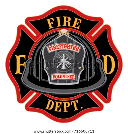 Fire Department Cross Volunteer Black Helmet is an illustration of a fireman or firefighter Maltese cross emblem with a black volunteer firefighter helmet and badge in the foreground.