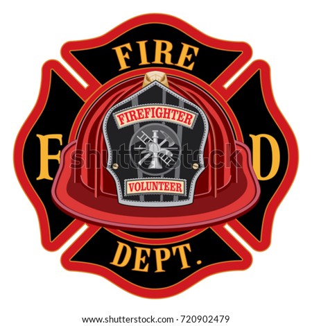 Fire Department Cross Volunteer Red Helmet is an illustration of a fireman or firefighter Maltese cross emblem with a red volunteer firefighter helmet and badge in the foreground.