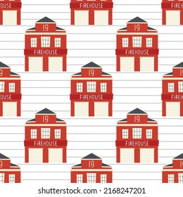 Fire Department. Cute fire station seamless pattern. Vector illustration for a child in simple Scandinavian hand-drawn style. The limited palette is ideal for printing on children's clothing, textiles