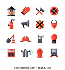 Fire department decorative flat icons collection of fireman equipment and tools with hatchet bucketful spade helm extinguisher isolated vector illustration 