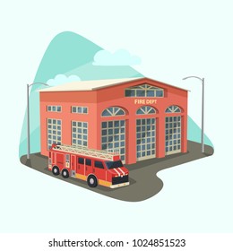 Fire department or dept, firehouse with truck or rescue car, emergency transport or safety vehicle. Building or construction station for firefighter. Architecture and city institution, cityscape theme