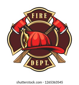 Fire Department Emblem with Red Helmet and Axes. Firefighter badge drawn in engraving style. Vector illustration
