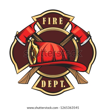 Fire Department Emblem with Red Helmet and Axes. Firefighter badge drawn in engraving style. Vector illustration