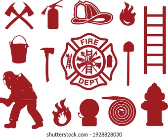 Fire department equipment, firefighter in uniform, mask, helmet. Fire extinguisher, fire-truck, steel ladder, gas mask, water hydrant, alarm siren, bucket, helmet, pickaxe, shovel, axe