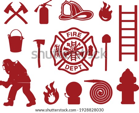 Fire department equipment, firefighter in uniform, mask, helmet. Fire extinguisher, fire-truck, steel ladder, gas mask, water hydrant, alarm siren, bucket, helmet, pickaxe, shovel, axe Stock foto © 