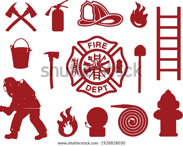 Fire
department equipment, firefighter in uniform, mask, helmet. Fire
extinguisher, fire-truck, steel ladder, gas mask, water hydrant,
alarm siren, bucket, helmet, pickaxe, shovel,
axe