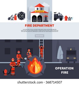 Fire department and extinguishing fire banners with fire station building and fireman brigade with extinguishers flat vector illustration 