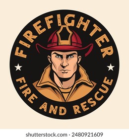 Fire department firefighter vintage badge with confident fireman logo