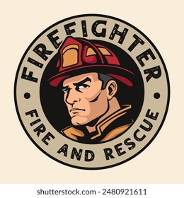 Fire department firefighter vintage badge with confident fireman logo