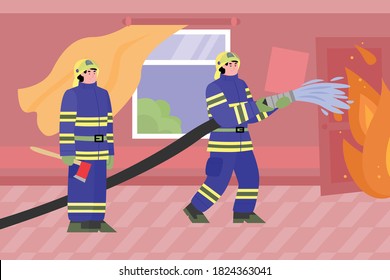 Fire department firefighters extinguish a fire in an apartment, flat cartoon vector illustration. Scene background of firemen work inside the building.