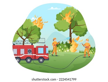 Fire Department with Firefighters Extinguishing House, Forest and Helping People in Various Situations in Flat Hand Drawn Cartoon Illustration