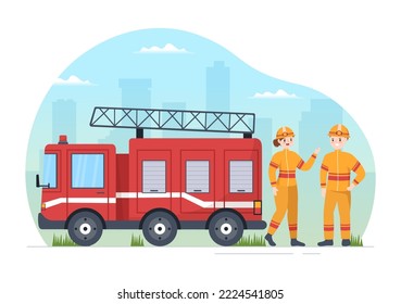 Fire Department with Firefighters Extinguishing House, Forest and Helping People in Various Situations in Flat Hand Drawn Cartoon Illustration