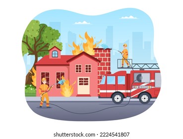 Fire Department with Firefighters Extinguishing House, Forest and Helping People in Various Situations in Flat Hand Drawn Cartoon Illustration