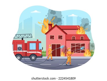 Fire Department with Firefighters Extinguishing House, Forest and Helping People in Various Situations in Flat Hand Drawn Cartoon Illustration