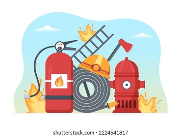 Fire Department with Firefighters Extinguishing House, Forest and Helping People in Various Situations in Flat Hand Drawn Cartoon Illustration