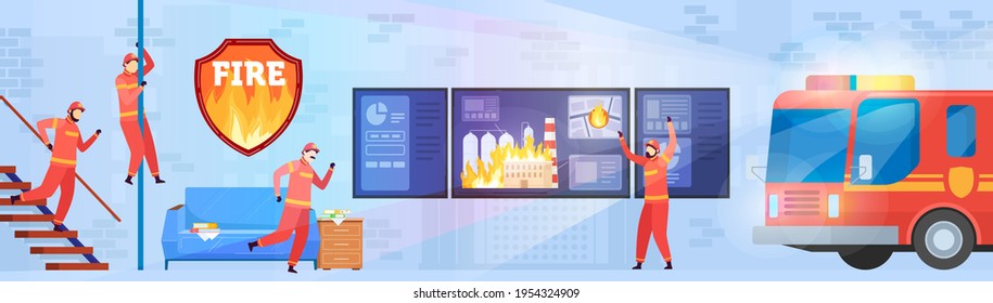 Fire department, firefighters are on alert, urgent call, emergency, rescue station, explosion hazard, cartoon vector illustration.