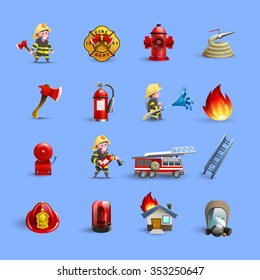 Fire department firefighting brigade service ammunition and accessories modern styled cartoon red icons set isolated vector illustration 