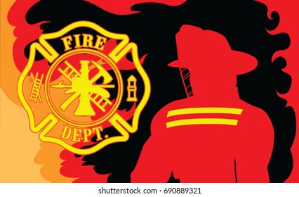 Fire Department With Fireman is an illustration of a silhouetted fireman or firefighter and a firefighter symbol surrounded by fire or flames.
