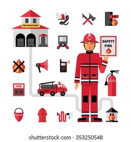 Fire department flat icons composition banner with facilities equipment and fireman holding safety tips abstract vector illustration 