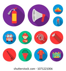 Fire Department flat icons in set collection for design. Firefighters and equipment vector symbol stock web illustration.