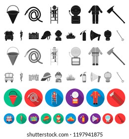 Fire Department flat icons in set collection for design. Firefighters and equipment vector symbol stock web illustration.