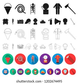 Fire Department flat icons in set collection for design. Firefighters and equipment vector symbol stock web illustration.