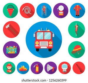 Fire Department flat icons in set collection for design. Firefighters and equipment vector symbol stock web illustration.