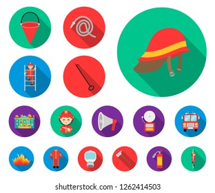 Fire Department flat icons in set collection for design. Firefighters and equipment vector symbol stock web illustration.