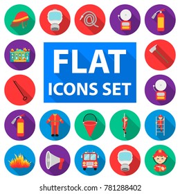 Fire Department flat icons in set collection for design. Firefighters and equipment vector symbol stock web illustration.