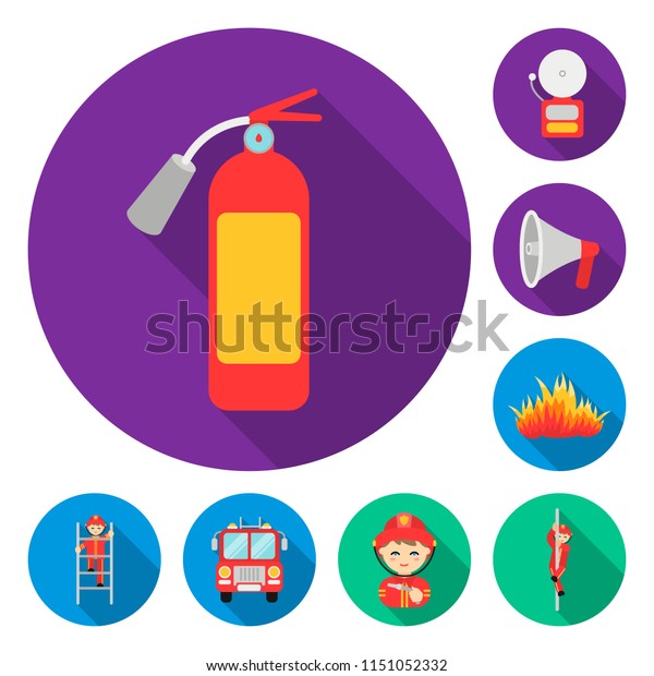 Fire\
Department flat icons in set collection for design. Firefighters\
and equipment vector symbol stock web\
illustration.