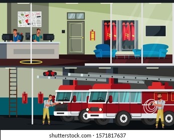 Fire Department Flat Vector Illustration. Fireman Station Two Storey Building Interior.