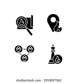 Fire department glyph icons set. Firefighters. Rescue service. Thin line customizable illustration. Contour symbol. Vector isolated outline drawing.
