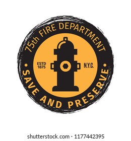 Fire department grunge vector label design. Firefighter logo on white background