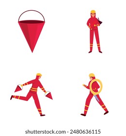 Fire department icons set cartoon vector. Firefighter with firefighting tool. Emergency service