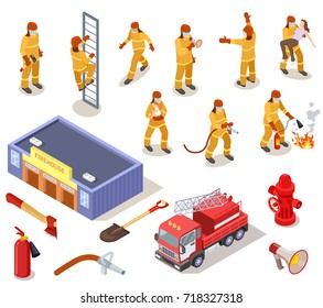 Fire department isolated isometric vector illustration on white background. Icons of firefighters in uniform rescuing people and various gear and equipment