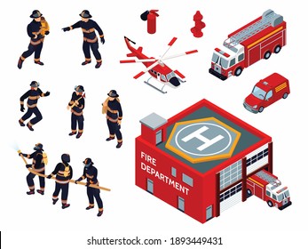 Fire department isometric icons set with firefighters in uniform equipment and special transport of red color isolated vector illustration