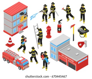 Iconos isométricos del departamento de bomberos instalados con bomberos dedicados a la extinción de edificios en llamas y salvar ilustración vectorial de personas  