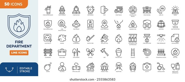 Fire department line editable icon set. Fire department symbol with fire, hose, firefighter, extinguisher, fire engine, sprinkler system, burning house, and more.	
