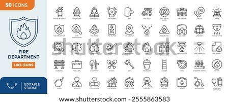 Fire department line editable icon set. Fire department symbol with fire, hose, firefighter, extinguisher, fire engine, sprinkler system, burning house, and more.	
