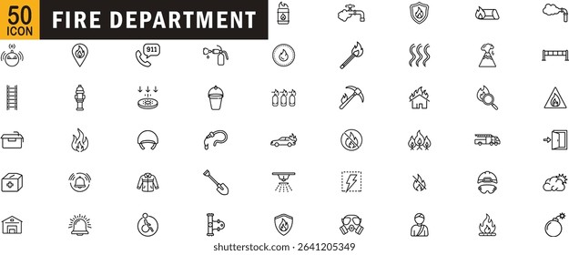 Fire department line icons set. Fire safety, emergency, rescue equipment, firefighting tools, fire alarm symbols.
