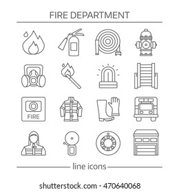 Fire department linear icons set with warning systems protective clothing professional equipment isolated vector illustration 