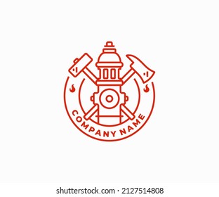 Fire department logo design. Fire hydrant with fire axe and sledge hammer vector design. Fire dept emblem, firefighting logotype