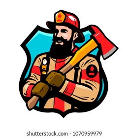 Fire department logo or label. American firefighter, fireman in helmet holds an ax in his hands. Cartoon vector illustration