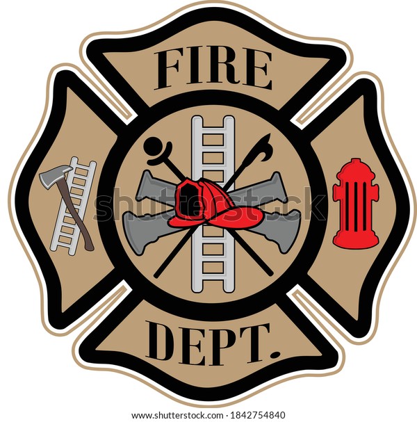 Fire Department Maltese cross logo symbol icon\
illustration with hydrant, helmet, ladder and axe. Illustrator eps\
vector graphic design.