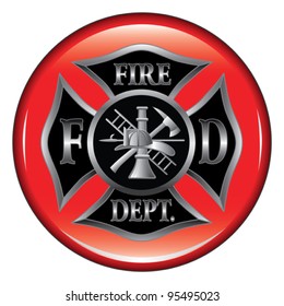 Fire Department or Firefighter’s  Maltese Cross Symbol on a button illustration.