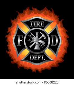 Fire Department Or Firefighter’s  Maltese Cross Symbol In Silver With Flaming Background Illustration.