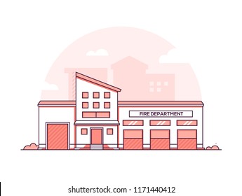 Fire department - modern thin line design style vector illustration on white urban background. Red colored high quality composition with a facade of public safety building, bush. City architecture