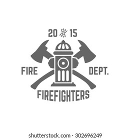 Fire Department Monochrome Vector Label On White Background, Fire Hydrant And Two Crossed Axes