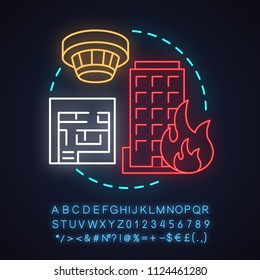 Fire department neon light concept icon. Firefighting idea. Building on fire, smoke detector, evacuation plan. Glowing sign with alphabet, numbers and symbols. Vector isolated illustration